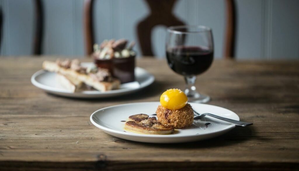 Fois gras, apple pie and duck egg.