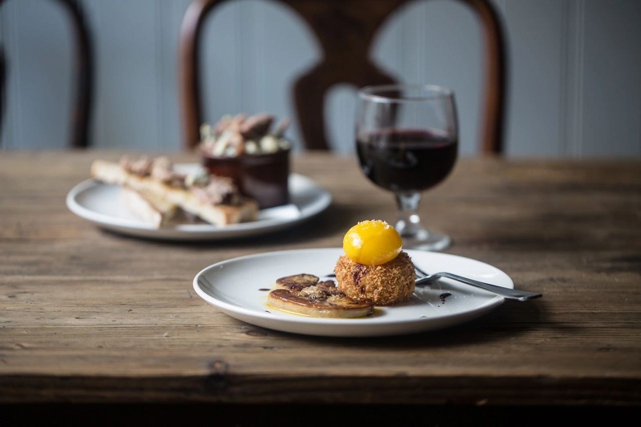 Fois gras, apple pie and duck egg.